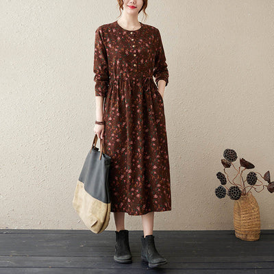 Buddha Stones Casual Ethnic Printing Floral Buttons Design Cotton Linen Midi Dress With Pockets - SaddleBrown - US12，UK/AU16，EU44 (3XL) - image 1