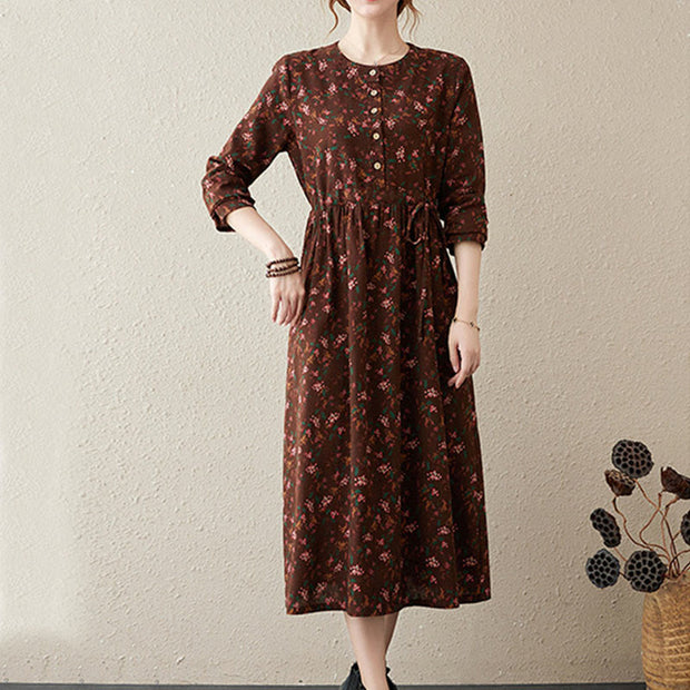 Buddha Stones Casual Ethnic Printing Floral Buttons Design Cotton Linen Midi Dress With Pockets - image 3