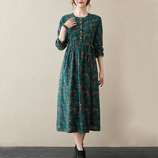 Buddha Stones Casual Ethnic Printing Floral Buttons Design Cotton Linen Midi Dress With Pockets - image 8