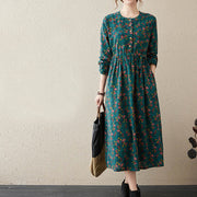 Buddha Stones Casual Ethnic Printing Floral Buttons Design Cotton Linen Midi Dress With Pockets - image 10