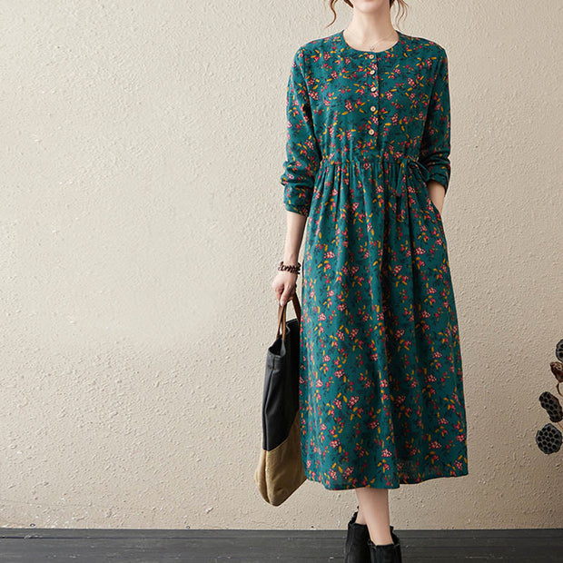 Buddha Stones Casual Ethnic Printing Floral Buttons Design Cotton Linen Midi Dress With Pockets - image 10