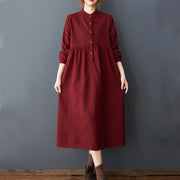 Buddha Stones Casual Plain Buttons Design Thermal Cotton Linen Midi Dress With Pockets - image 24