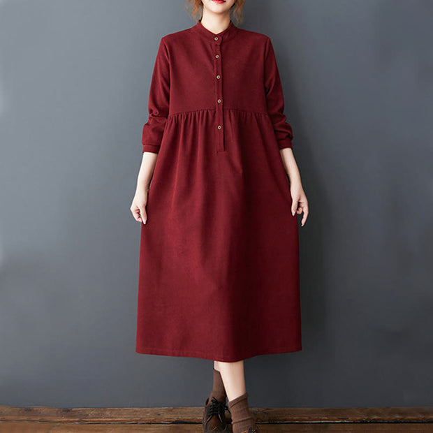 Buddha Stones Casual Plain Buttons Design Thermal Cotton Linen Midi Dress With Pockets - image 24