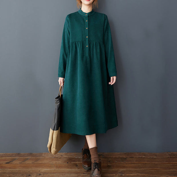 Buddha Stones Casual Plain Buttons Design Thermal Cotton Linen Midi Dress With Pockets - image 11
