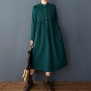 Buddha Stones Casual Plain Buttons Design Thermal Cotton Linen Midi Dress With Pockets - image 8