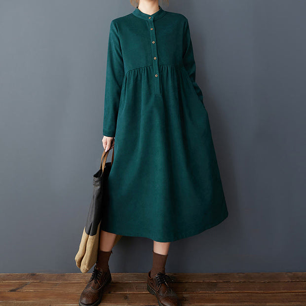 Buddha Stones Casual Plain Buttons Design Thermal Cotton Linen Midi Dress With Pockets - image 8