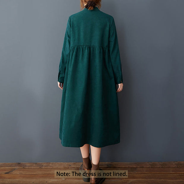 Buddha Stones Casual Plain Buttons Design Thermal Cotton Linen Midi Dress With Pockets - image 7
