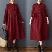 Buddha Stones Casual Plain Buttons Design Thermal Cotton Linen Midi Dress With Pockets - FireBrick - US8-10，UK/AU12-14，EU40-42 (2XL) - image 22