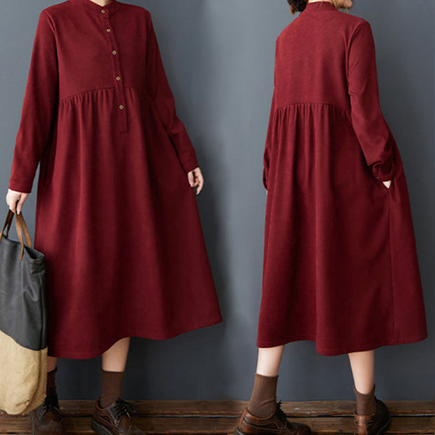 Buddha Stones Casual Plain Buttons Design Thermal Cotton Linen Midi Dress With Pockets - image 27