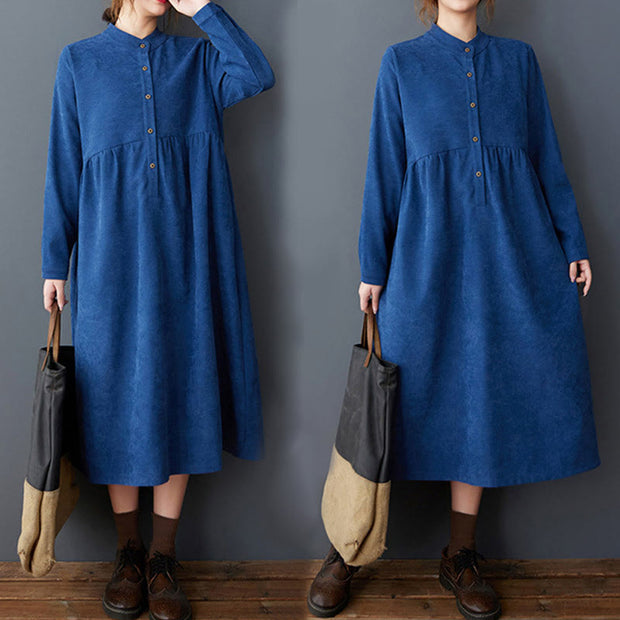 Buddha Stones Casual Plain Buttons Design Thermal Cotton Linen Midi Dress With Pockets - image 20