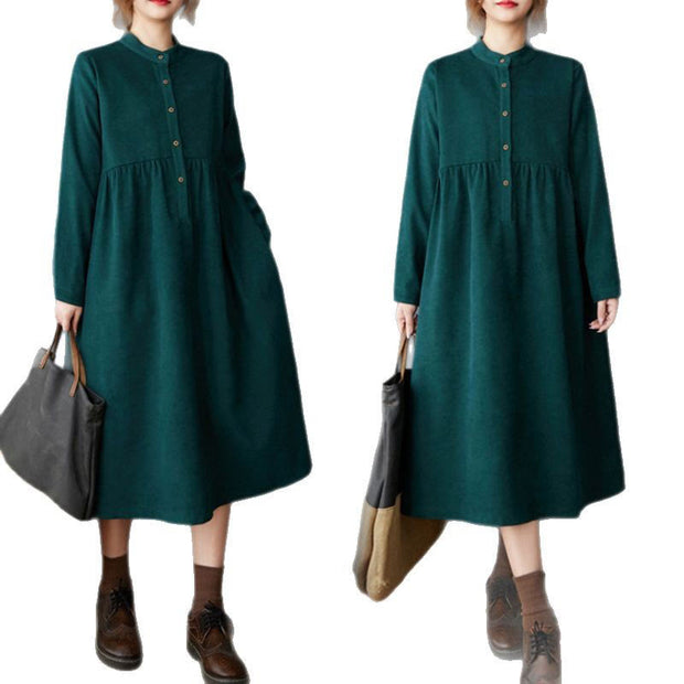 Buddha Stones Casual Plain Buttons Design Thermal Cotton Linen Midi Dress With Pockets - image 13
