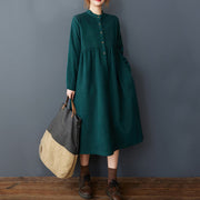 Buddha Stones Casual Plain Buttons Design Thermal Cotton Linen Midi Dress With Pockets - image 10