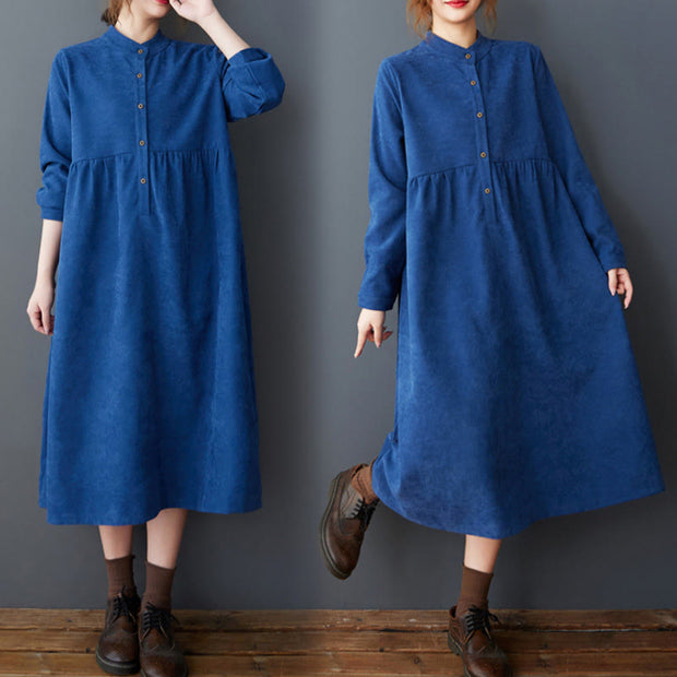 Buddha Stones Casual Plain Buttons Design Thermal Cotton Linen Midi Dress With Pockets - MediumBlue - US8-10，UK/AU12-14，EU40-42 (2XL) - image 14