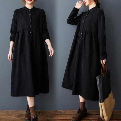 Buddha Stones Casual Plain Buttons Design Thermal Cotton Linen Midi Dress With Pockets - Black - US8-10，UK/AU12-14，EU40-42 (2XL) - image 1