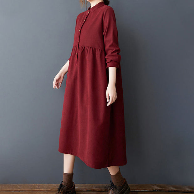 Buddha Stones Casual Plain Buttons Design Thermal Cotton Linen Midi Dress With Pockets - image 25