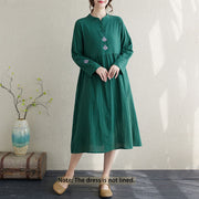 Buddha Stones Fall Ethnic Embroidery Cotton Linen Midi Dress With Pockets - image 2