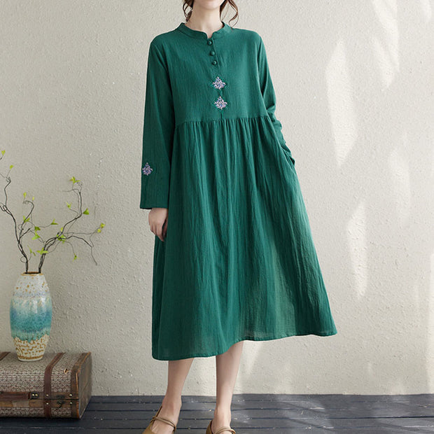 Buddha Stones Fall Ethnic Embroidery Cotton Linen Midi Dress With Pockets - image 6