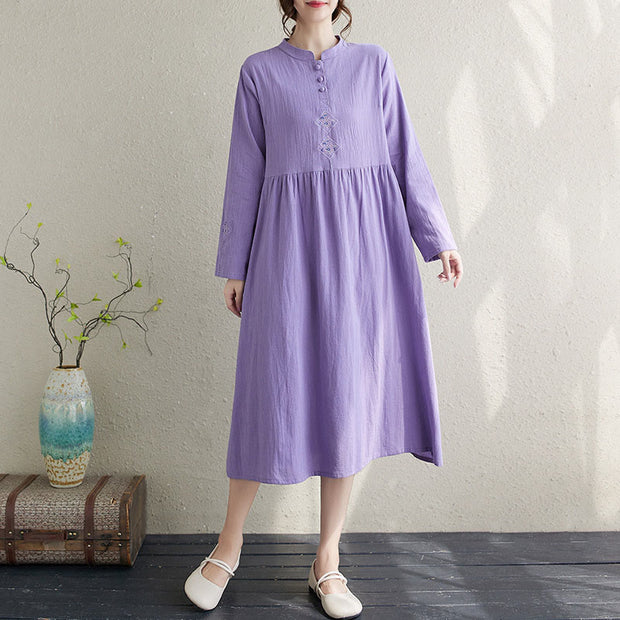 Buddha Stones Fall Ethnic Embroidery Cotton Linen Midi Dress With Pockets - Orchid - US12，UK/AU16，EU44 (3XL) - image 7