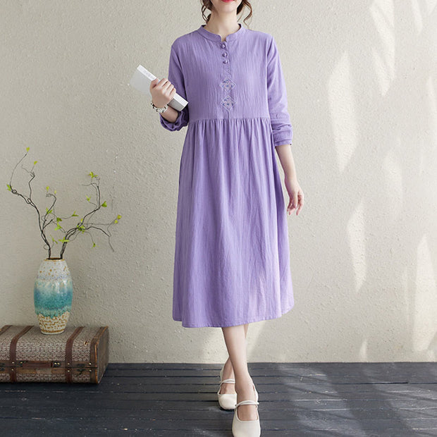 Buddha Stones Fall Ethnic Embroidery Cotton Linen Midi Dress With Pockets - image 11