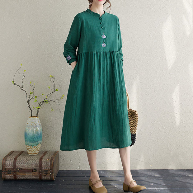 Buddha Stones Fall Ethnic Embroidery Cotton Linen Midi Dress With Pockets - image 5