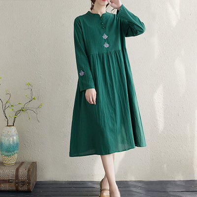 Buddha Stones Fall Ethnic Embroidery Cotton Linen Midi Dress With Pockets - SeaGreen - US12，UK/AU16，EU44 (3XL) - image 1