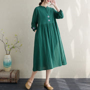Buddha Stones Fall Ethnic Embroidery Cotton Linen Midi Dress With Pockets - image 3