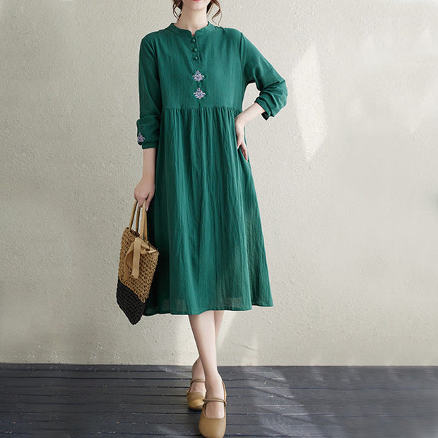 Buddha Stones Fall Ethnic Embroidery Cotton Linen Midi Dress With Pockets - image 4