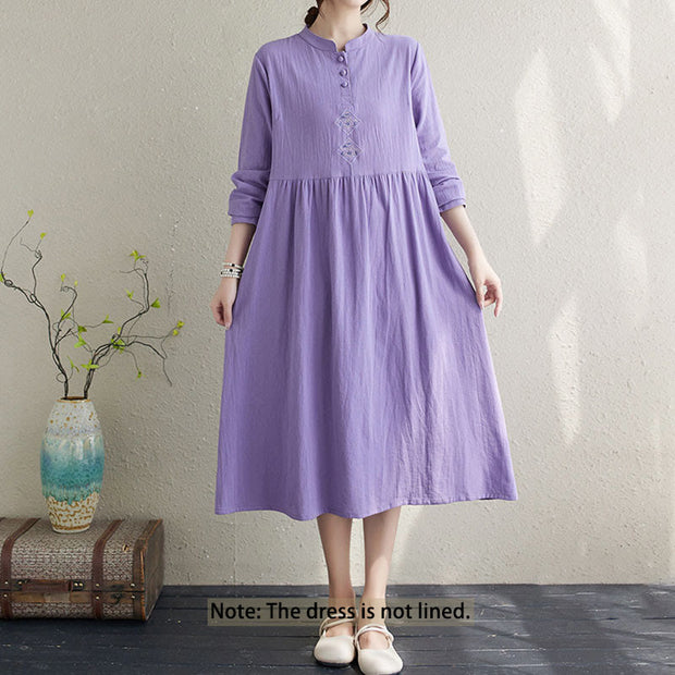 Buddha Stones Fall Ethnic Embroidery Cotton Linen Midi Dress With Pockets - image 8