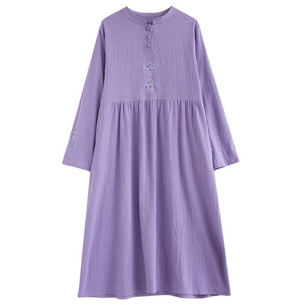 Buddha Stones Fall Ethnic Embroidery Cotton Linen Midi Dress With Pockets - image 20