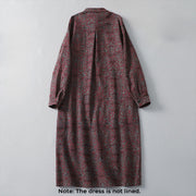 Buddha Stones Brown Retro Printing Floral Pattern Lapel Cotton Linen Midi Dress With Pockets - image 2