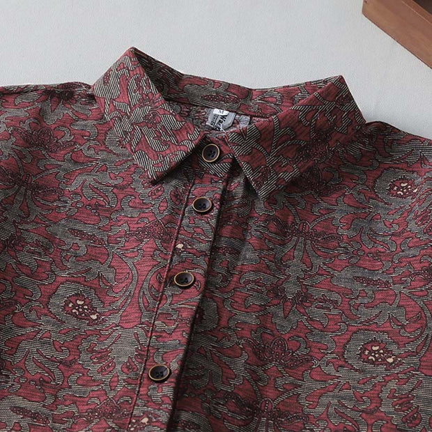Buddha Stones Brown Retro Printing Floral Pattern Lapel Cotton Linen Midi Dress With Pockets - image 4