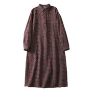 Buddha Stones Brown Retro Printing Floral Pattern Lapel Cotton Linen Midi Dress With Pockets - image 13