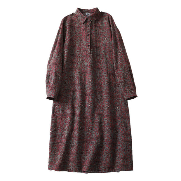 Buddha Stones Brown Retro Printing Floral Pattern Lapel Cotton Linen Midi Dress With Pockets - image 13