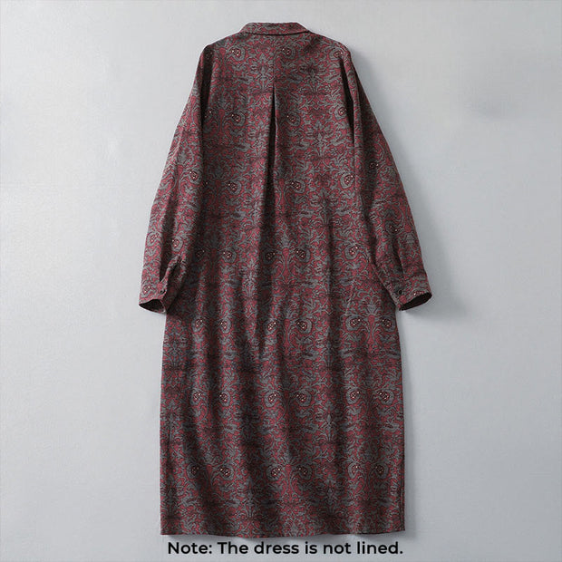 Buddha Stones Brown Retro Printing Floral Pattern Lapel Cotton Linen Midi Dress With Pockets - image 2