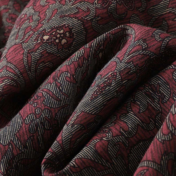 Buddha Stones Brown Retro Printing Floral Pattern Lapel Cotton Linen Midi Dress With Pockets - image 9