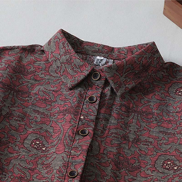 Buddha Stones Brown Retro Printing Floral Pattern Lapel Cotton Linen Midi Dress With Pockets - image 3