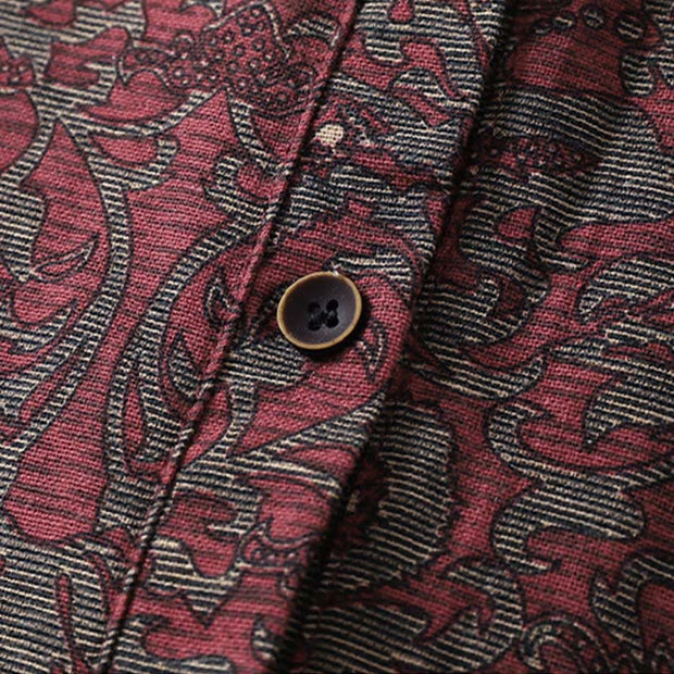 Buddha Stones Brown Retro Printing Floral Pattern Lapel Cotton Linen Midi Dress With Pockets - image 7