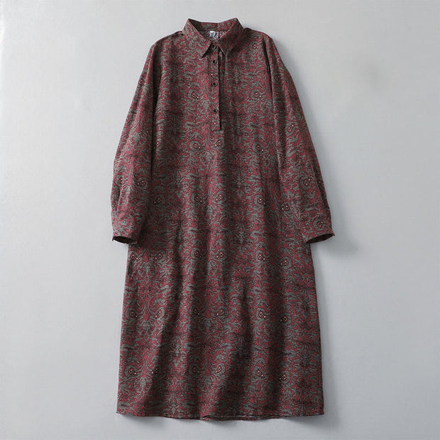 Buddha Stones Brown Retro Printing Floral Pattern Lapel Cotton Linen Midi Dress With Pockets - Brown - US8-10，UK/AU12-14，EU40-42 (2XL) - image 1