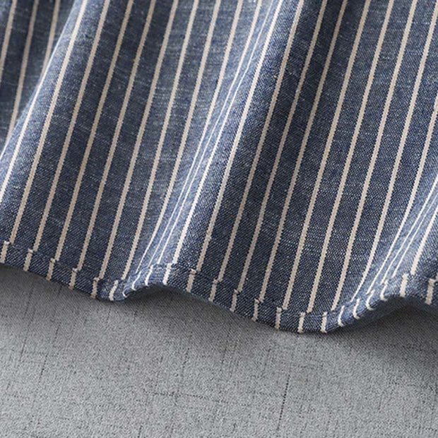 Buddha Stones LightSteelBlue White Striped Button Design Lapel Cotton Linen Midi Dress With Pockets - image 10