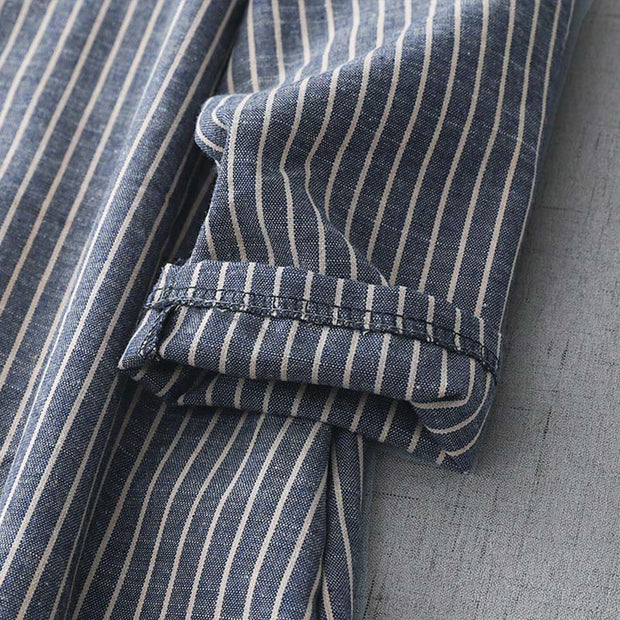 Buddha Stones LightSteelBlue White Striped Button Design Lapel Cotton Linen Midi Dress With Pockets - image 8