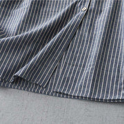 Buddha Stones LightSteelBlue White Striped Button Design Lapel Cotton Linen Midi Dress With Pockets - image 9