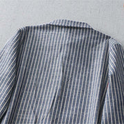 Buddha Stones LightSteelBlue White Striped Button Design Lapel Cotton Linen Midi Dress With Pockets - image 4