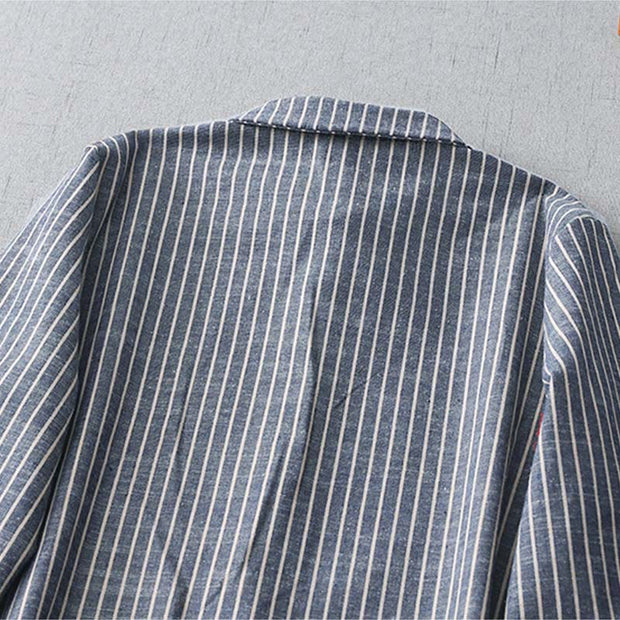 Buddha Stones LightSteelBlue White Striped Button Design Lapel Cotton Linen Midi Dress With Pockets - image 4