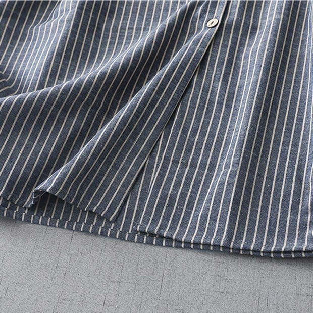 Buddha Stones LightSteelBlue White Striped Button Design Lapel Cotton Linen Midi Dress With Pockets - image 9