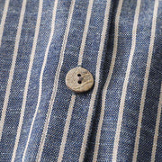 Buddha Stones LightSteelBlue White Striped Button Design Lapel Cotton Linen Midi Dress With Pockets - image 5