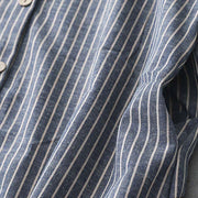 Buddha Stones LightSteelBlue White Striped Button Design Lapel Cotton Linen Midi Dress With Pockets - image 6