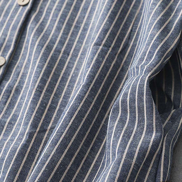 Buddha Stones LightSteelBlue White Striped Button Design Lapel Cotton Linen Midi Dress With Pockets - image 6