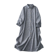 Buddha Stones LightSteelBlue White Striped Button Design Lapel Cotton Linen Midi Dress With Pockets - image 11