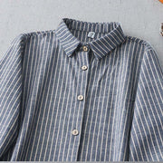 Buddha Stones LightSteelBlue White Striped Button Design Lapel Cotton Linen Midi Dress With Pockets - image 3