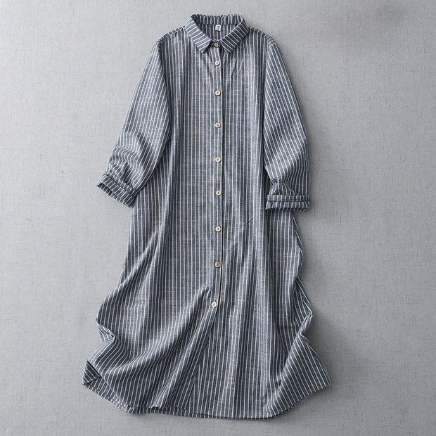 Buddha Stones LightSteelBlue White Striped Button Design Lapel Cotton Linen Midi Dress With Pockets - LightSteelBlue - US8-10，UK/AU12-14，EU40-42 (2XL) - image 1